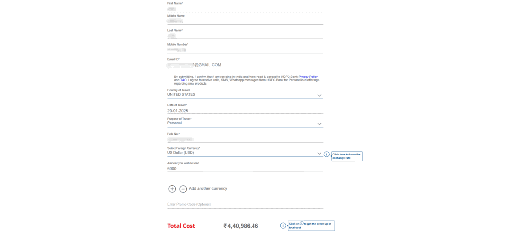 Fields to fill in personal and travel details in the HDFC forex card application form