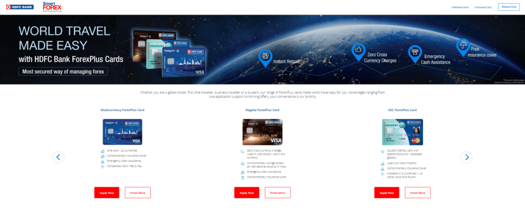 HDFC forex card webpage with different forex cards displayed with the 'Apply Now' button.