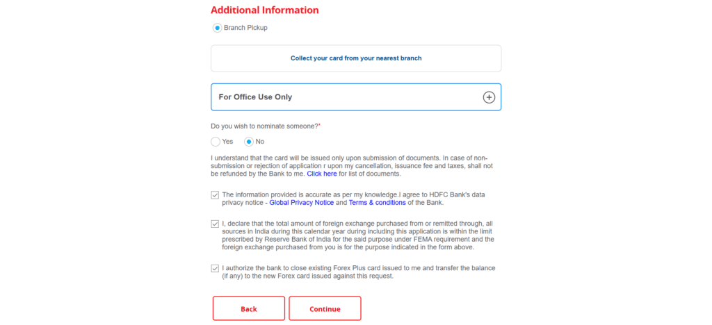 application page to choose from the provided card collection method and accept the terms and conditions