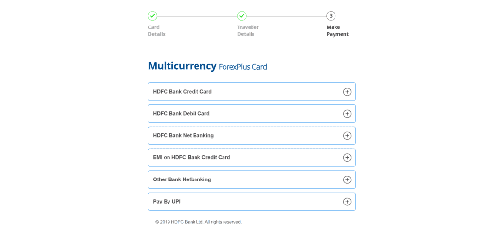 application page to select payment method