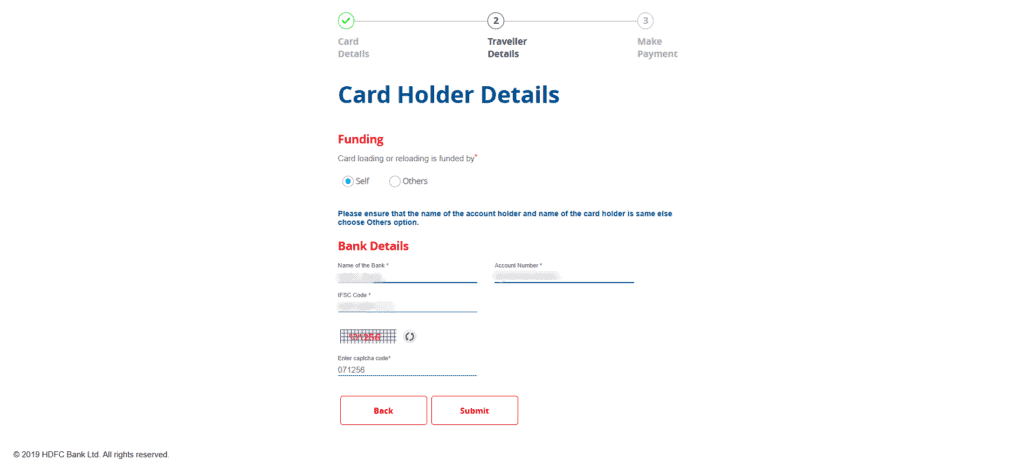 Application page to enter the bank details