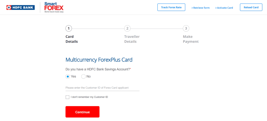 HDFC card details page in the application form