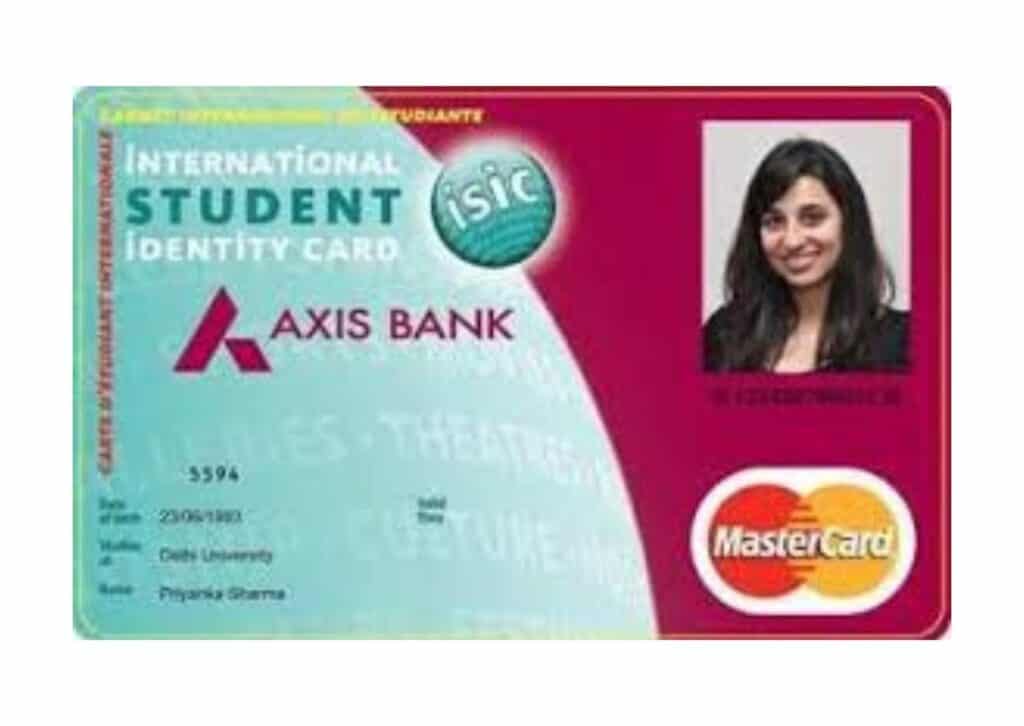 International Student Identity Card (ISIC) with Axis Bank and MasterCard branding, featuring a student photo and details like name, university, and date of birth.