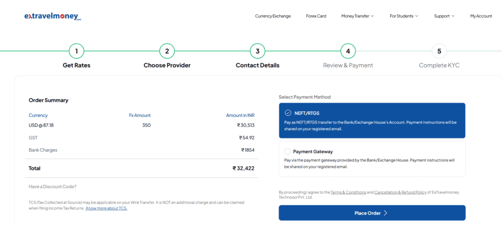 The Order Summary section provides details, including the exchange rate, transaction amount, total cost in INR, and applicable GST and bank charges. Users can select a payment method: NEFT/RTGS or Payment Gateway. A blue "Place Order" button is visible at the bottom