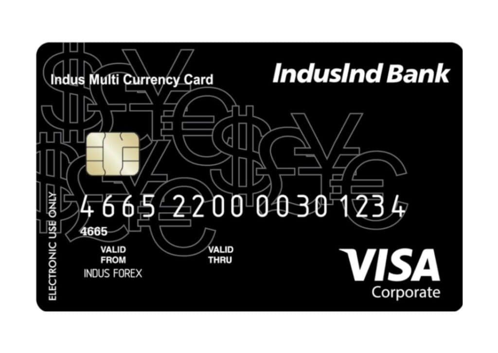 IndusInd Multi-Currency Card by IndusInd Bank with VISA Corporate branding, featuring a chip and global currency symbols in the background.