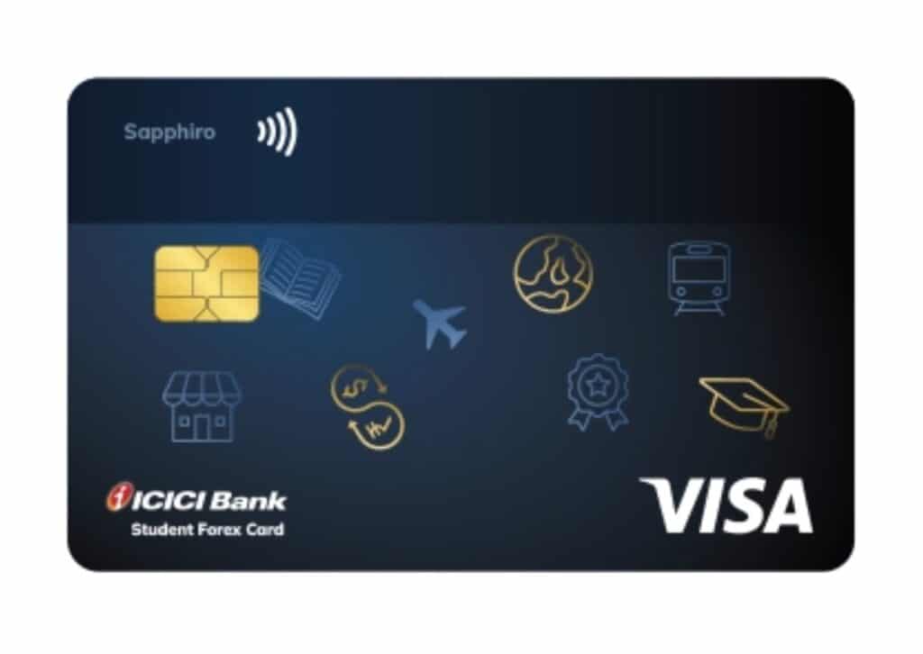 ICICI Bank Student Forex Card (Sapphiro) with VISA branding, featuring a chip, contactless payment icon, and symbols for travel, education, and global use.