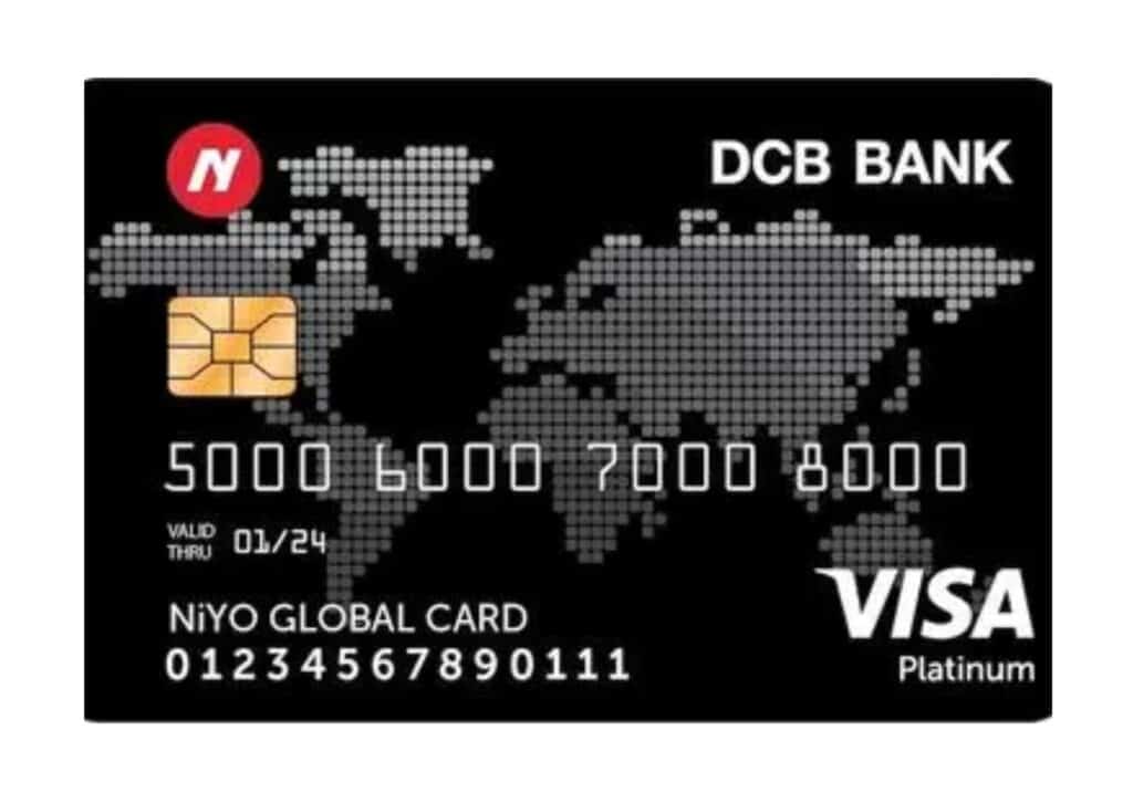 Niyo Global Card by DCB Bank with VISA Platinum branding, featuring a chip, card number, and a dotted world map design symbolising global use.