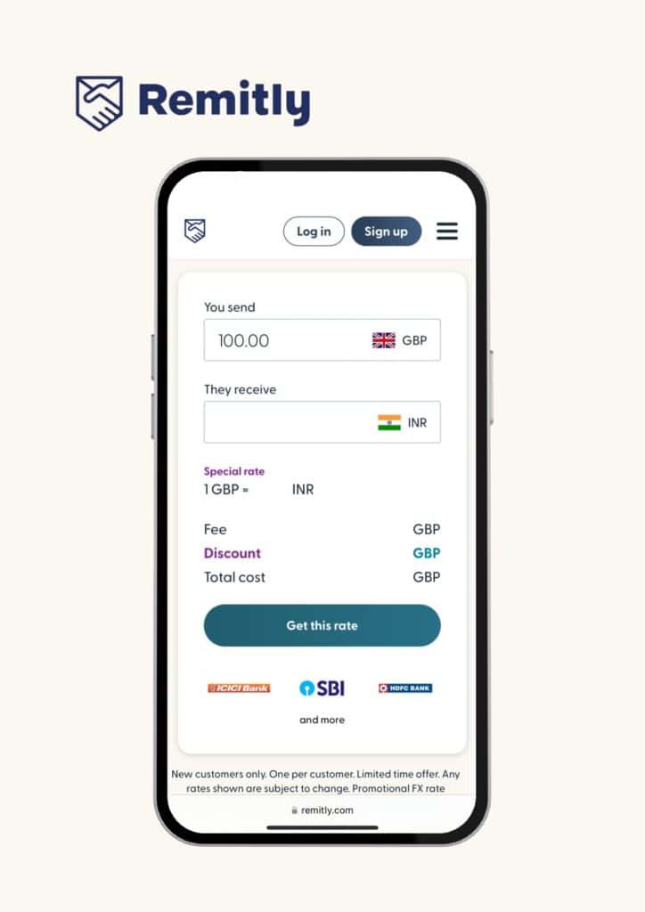 Remitly site interface showcasing a money transfer from GBP to INR, with fees, discounts, and promotional rates highlighted.