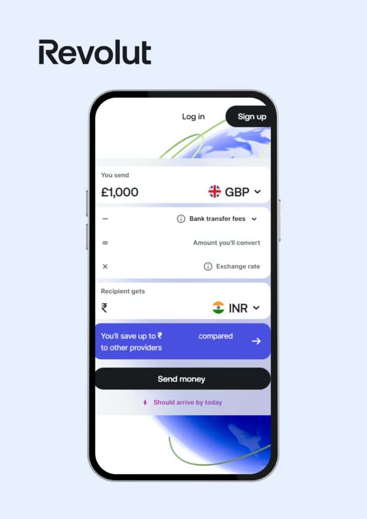 Revolut site interface showing a money transfer process from GBP to INR, highlighting conversion rates and bank transfer fees.