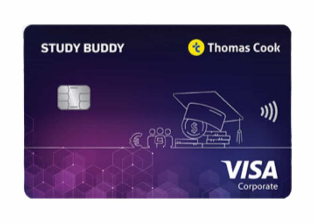 Thomas Cook Study Buddy card with VISA corporate branding, designed for students, featuring education-related symbols and a contactless payment chip.