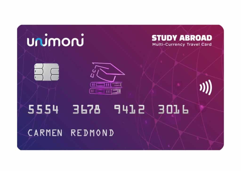 Unimoni Study Abroad Multi-Currency Travel Card featuring global connectivity graphics, education symbols, and a contactless payment chip.