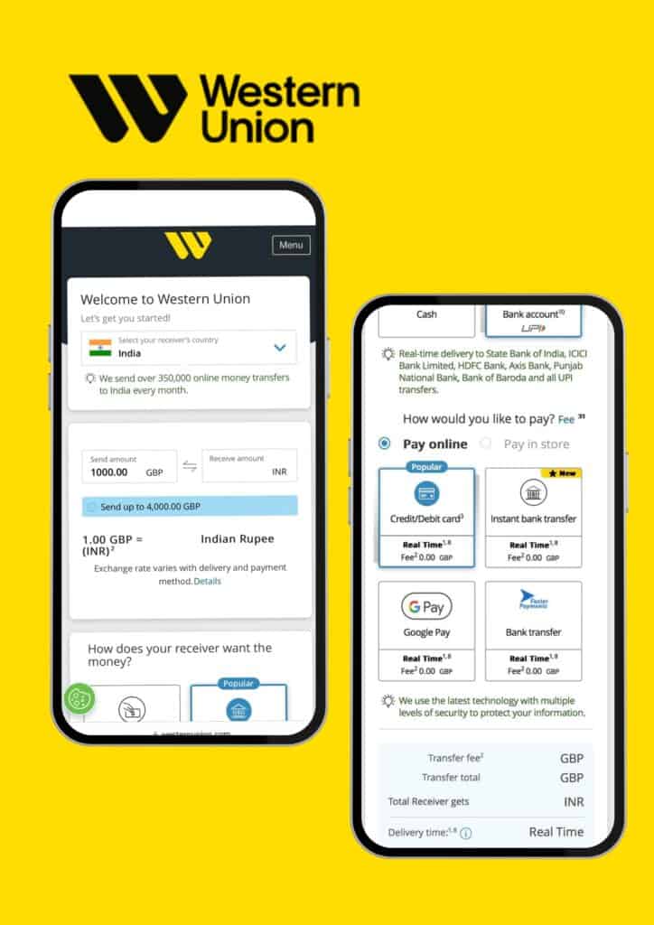 Western Union site interface showing money transfer options from GBP to INR, featuring payment methods and delivery options