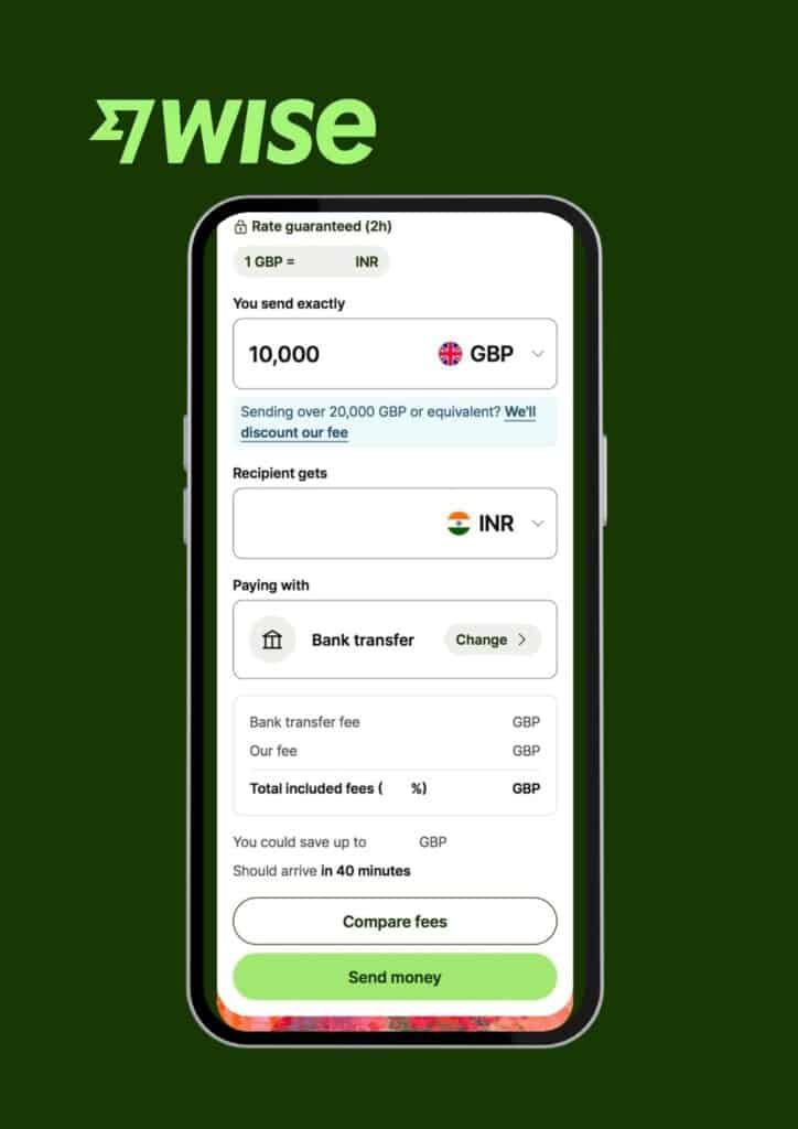 Wise site interface displaying a GBP to INR transfer process with detailed fees and delivery time.