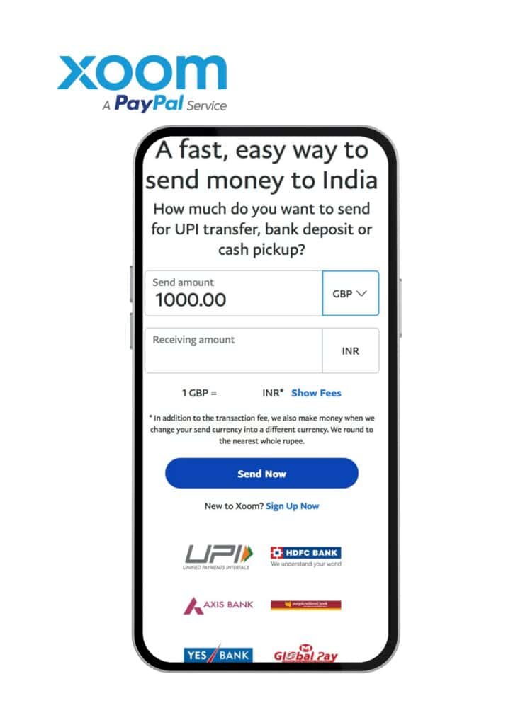 Xoom (a PayPal service) site interface demonstrating a simple process to send money from GBP to INR, with various bank options for transfer.