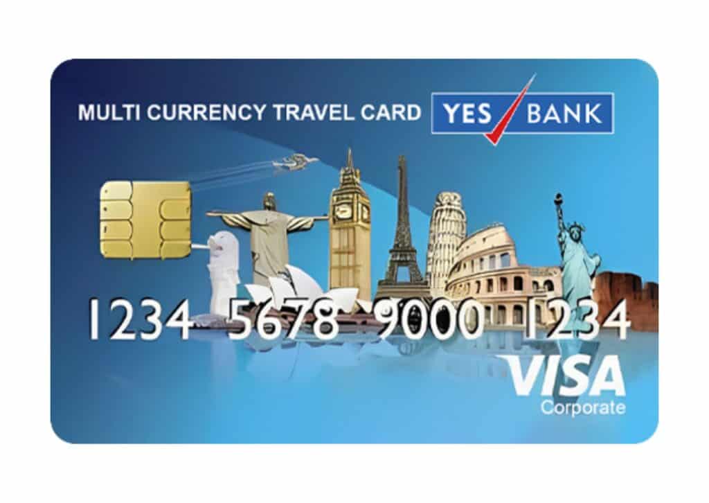 YES BANK Multi-Currency Travel Card with VISA branding, featuring iconic global landmarks like the Eiffel Tower and Statue of Liberty, representing international accessibility.