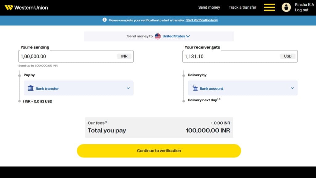 Western Union payment review page for sending INR to USD, showing exchange rate, total payable amount, and estimated delivery time.