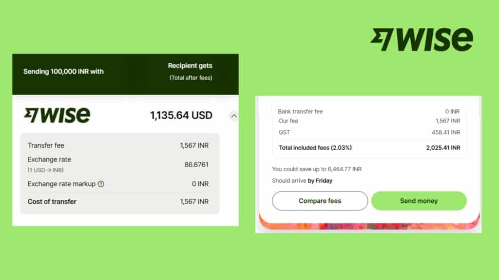 Wise payment review page displaying exchange rate, fees, transaction details, and final amount received for an INR to USD transfer.
