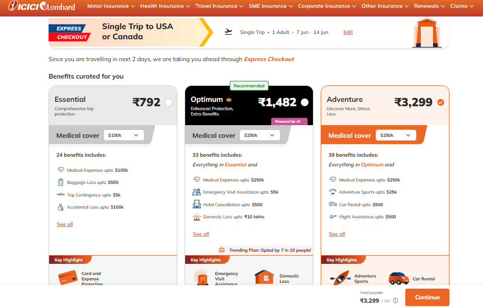 ICICI Lombard international travel insurance booking page with 3 insurance packages in different price ranges and coverage options.